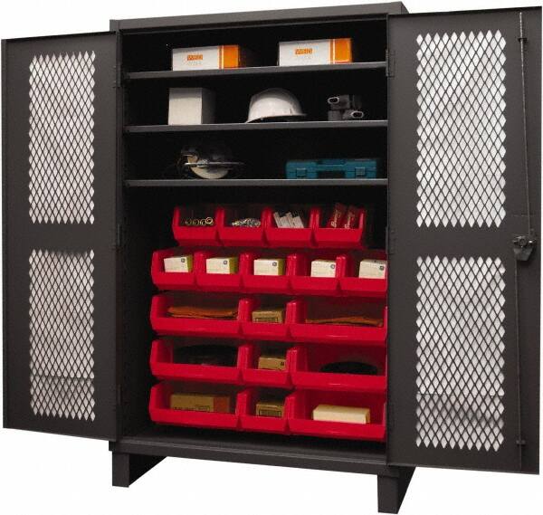 Durham - 3 Shelf 18 Bin Storage Cabinet - Steel, 48" Wide x 24" Deep x 78" High, Red - Benchmark Tooling