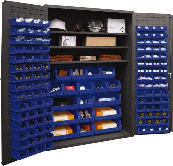 Durham - 3 Shelf 138 Bin Storage Cabinet - Steel, 48" Wide x 24" Deep x 72" High, Blue - Benchmark Tooling