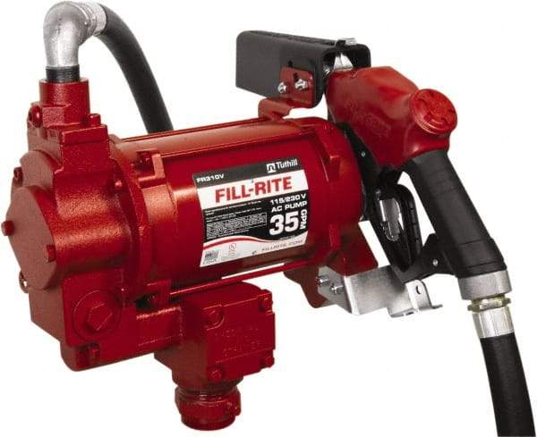 Tuthill - 35 GPM, 1" Hose Diam, Gasoline, Kerosene & Diesel Fuel AC High Flow Tank Pump with Auto Nozzle - Cast Iron Pump, 1-1/4" Inlet, 1" Outlet, 115/230 Volts, 18' Hose Length, 3/4 hp - Benchmark Tooling