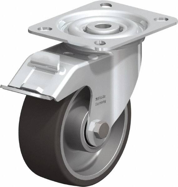 Blickle - 4" Diam x 1-9/16" Wide x 4-59/64" OAH Top Plate Mount Swivel Caster with Brake - Polyurethane-Elastomer, 220 Lb Capacity, Ball Bearing, 3-15/16 x 3-3/8" Plate - Benchmark Tooling