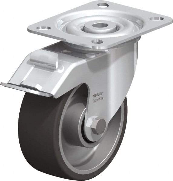 Blickle - 4" Diam x 1-9/16" Wide x 4-59/64" OAH Top Plate Mount Swivel Caster with Brake - Polyurethane-Elastomer, 220 Lb Capacity, Plain Bore Bearing, 3-15/16 x 3-3/8" Plate - Benchmark Tooling