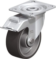 Blickle - 4" Diam x 1-9/16" Wide x 4-59/64" OAH Top Plate Mount Swivel Caster with Brake - Polyurethane-Elastomer, 220 Lb Capacity, Plain Bore Bearing, 3-15/16 x 3-3/8" Plate - Benchmark Tooling