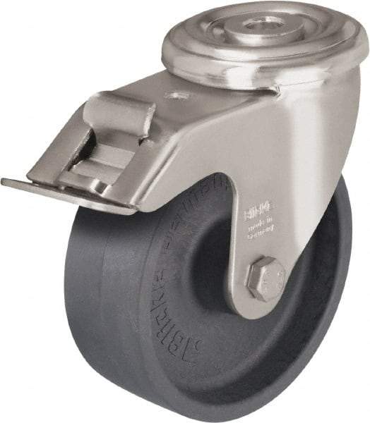 Blickle - 5" Diam x 1-9/16" Wide x 5-7/8" OAH Hollow Kingpin Mount Swivel Caster with Brake - Heat-Resistant Nylon, 330 Lb Capacity, Plain Bore Bearing, Hollow Kingpin Stem - Benchmark Tooling