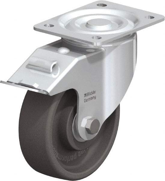 Blickle - 6" Diam x 2" Wide x 7-1/2" OAH Top Plate Mount Swivel Caster with Brake - Heat-Resistant Nylon, 770 Lb Capacity, Ball Bearing, 5-1/2 x 4-3/8" Plate - Benchmark Tooling