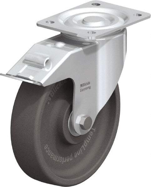 Blickle - 8" Diam x 2" Wide x 9-1/4" OAH Top Plate Mount Swivel Caster with Brake - Heat-Resistant Nylon, 770 Lb Capacity, Ball Bearing, 5-1/2 x 4-3/8" Plate - Benchmark Tooling