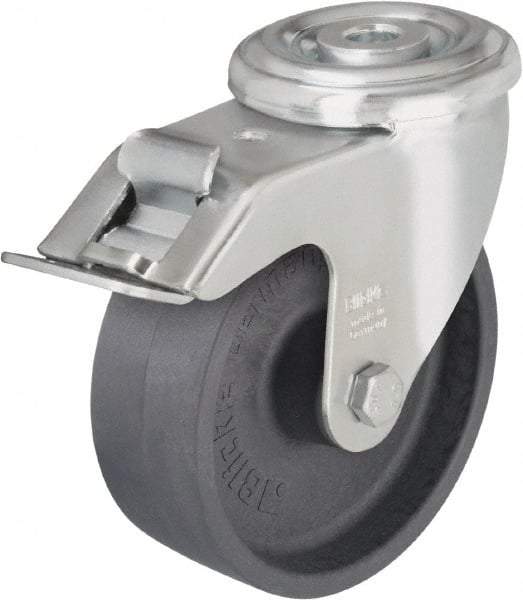 Blickle - 3" Diam x 1-1/4" Wide x 4" OAH Hollow Kingpin Mount Swivel Caster with Brake - Heat-Resistant Nylon, 330 Lb Capacity, Plain Bore Bearing, Hollow Kingpin Stem - Benchmark Tooling