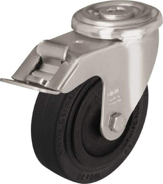 Blickle - 4" Diam x 1-3/16" Wide x 4-59/64" OAH Hollow Kingpin Mount Swivel Caster with Brake - Heat-Resistant Solid Rubber, 220 Lb Capacity, Plain Bore Bearing, Hollow Kingpin Stem - Benchmark Tooling