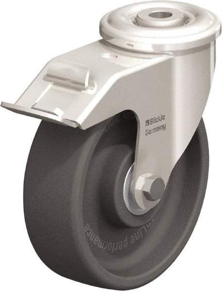 Blickle - 5" Diam x 1-9/16" Wide x 5-7/8" OAH Hollow Kingpin Mount Swivel Caster with Brake - Heat-Resistant Nylon, 330 Lb Capacity, Ball Bearing, Hollow Kingpin Stem - Benchmark Tooling