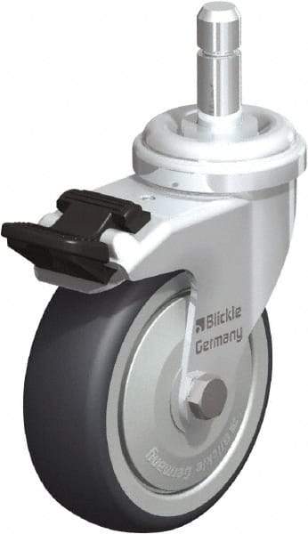 Blickle - 3" Diam x 63/64" Wide x 3-55/64" OAH Stem Mount Swivel Caster with Brake - Rubber Elastomer (TPE), 165 Lb Capacity, Ball Bearing, Friction Stem - Benchmark Tooling