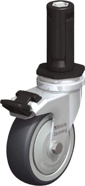 Blickle - 3" Diam x 63/64" Wide x 4" OAH Stem Mount Swivel Caster with Brake - Rubber Elastomer (TPE), 165 Lb Capacity, Ball Bearing, Round Stem - Benchmark Tooling