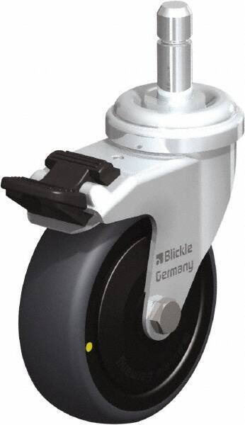 Blickle - 3" Diam x 63/64" Wide x 3-27/32" OAH Stem Mount Swivel Caster with Brake - Rubber Elastomer (TPE), 110 Lb Capacity, Ball Bearing, Friction Stem - Benchmark Tooling