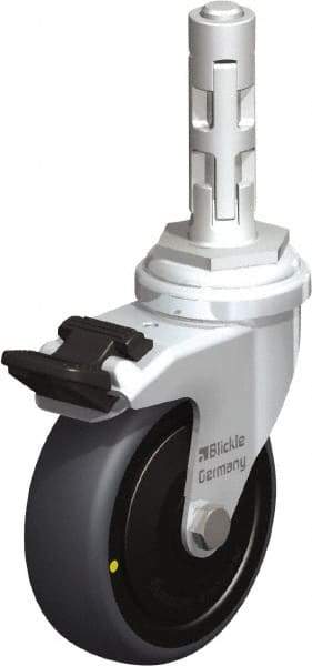 Blickle - 3" Diam x 63/64" Wide x 4" OAH Metal Expander Mount Swivel Caster with Brake - Rubber Elastomer (TPE), 110 Lb Capacity, Ball Bearing, Metal Expander Stem - Benchmark Tooling