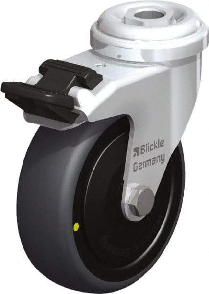 Blickle - 3" Diam x 63/64" Wide x 3-27/32" OAH Hollow Kingpin Mount Swivel Caster with Brake - Rubber Elastomer (TPE), 110 Lb Capacity, Ball Bearing, Hollow Kingpin Stem - Benchmark Tooling