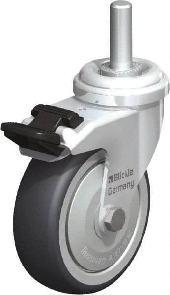 Blickle - 3" Diam x 63/64" Wide x 3-27/32" OAH Stem Mount Swivel Caster with Brake - Rubber Elastomer (TPE), 165 Lb Capacity, Ball Bearing, 3/8 x 1-13/16" Threaded Stem - Benchmark Tooling