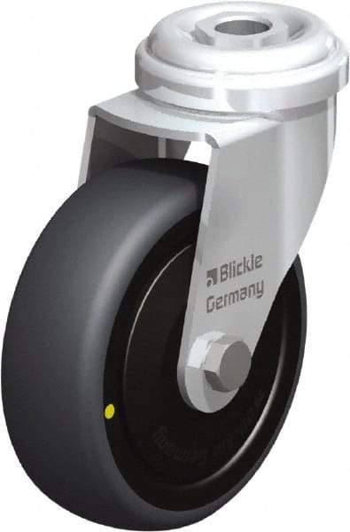 Blickle - 3" Diam x 63/64" Wide x 3-27/32" OAH Hollow Kingpin Mount Swivel Caster - Rubber Elastomer (TPE), 110 Lb Capacity, Ball Bearing, Hollow Kingpin Stem - Benchmark Tooling