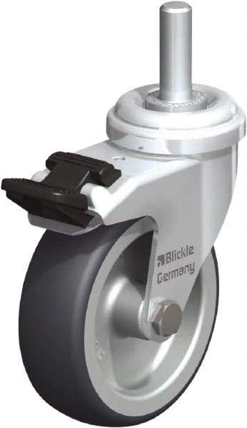 Blickle - 3" Diam x 63/64" Wide x 3-27/32" OAH Stem Mount Swivel Caster with Brake - Rubber Elastomer (TPE), 165 Lb Capacity, Plain Bore Bearing, 3/8" Threaded Stem - Benchmark Tooling