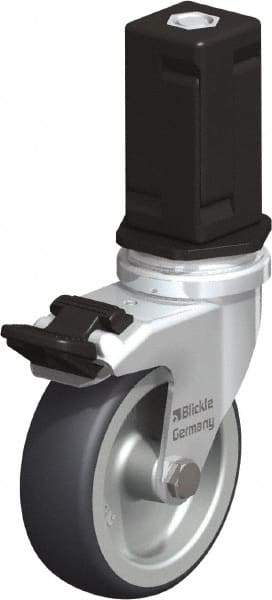 Blickle - 3" Diam x 63/64" Wide x 4" OAH Stem Mount Swivel Caster with Brake - Rubber Elastomer (TPE), 165 Lb Capacity, Plain Bore Bearing, Square Stem - Benchmark Tooling