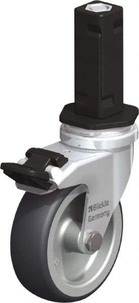 Blickle - 3" Diam x 63/64" Wide x 4" OAH Stem Mount Swivel Caster with Brake - Rubber Elastomer (TPE), 165 Lb Capacity, Plain Bore Bearing, Square Stem - Benchmark Tooling