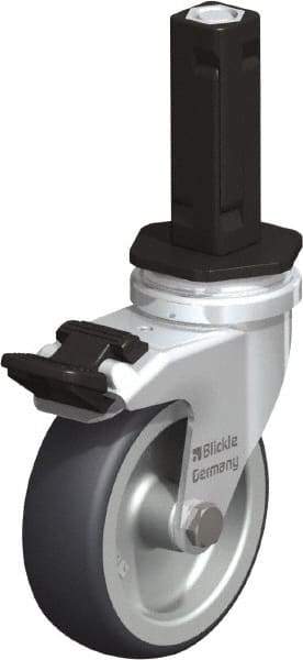 Blickle - 3" Diam x 63/64" Wide x 4" OAH Stem Mount Swivel Caster with Brake - Rubber Elastomer (TPE), 165 Lb Capacity, Plain Bore Bearing, Square Stem - Benchmark Tooling