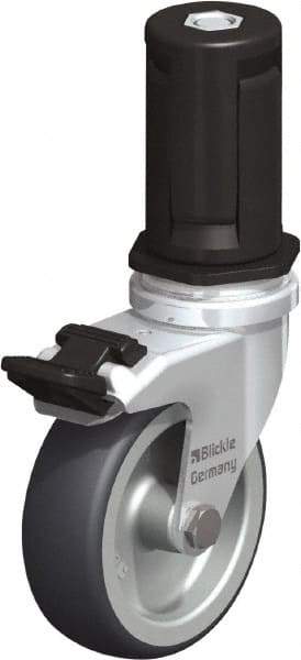 Blickle - 3" Diam x 63/64" Wide x 4" OAH Stem Mount Swivel Caster with Brake - Rubber Elastomer (TPE), 165 Lb Capacity, Plain Bore Bearing, Round Stem - Benchmark Tooling