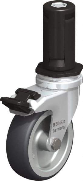 Blickle - 3" Diam x 63/64" Wide x 4" OAH Stem Mount Swivel Caster with Brake - Rubber Elastomer (TPE), 165 Lb Capacity, Plain Bore Bearing, Round Stem - Benchmark Tooling