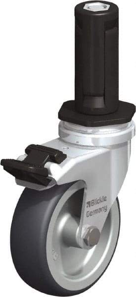Blickle - 3" Diam x 63/64" Wide x 4" OAH Stem Mount Swivel Caster with Brake - Rubber Elastomer (TPE), 165 Lb Capacity, Plain Bore Bearing, Round Stem - Benchmark Tooling