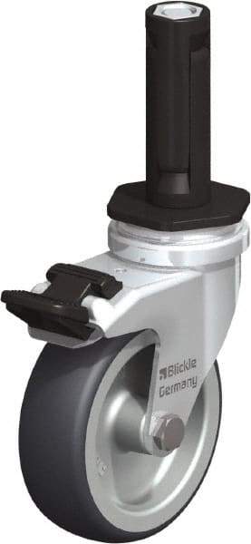 Blickle - 3" Diam x 63/64" Wide x 4" OAH Stem Mount Swivel Caster with Brake - Rubber Elastomer (TPE), 165 Lb Capacity, Plain Bore Bearing, Round Stem - Benchmark Tooling