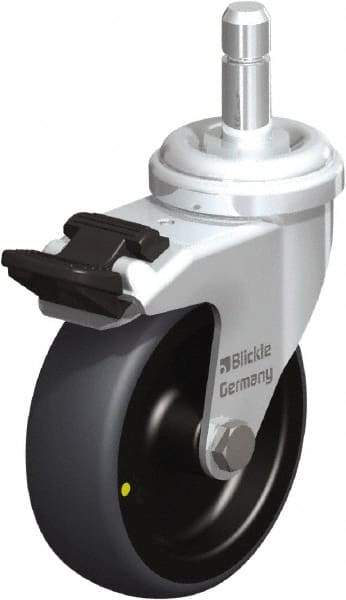 Blickle - 3" Diam x 63/64" Wide x 3-27/32" OAH Stem Mount Swivel Caster with Brake - Rubber Elastomer (TPE), 110 Lb Capacity, Plain Bore Bearing, Friction Stem - Benchmark Tooling