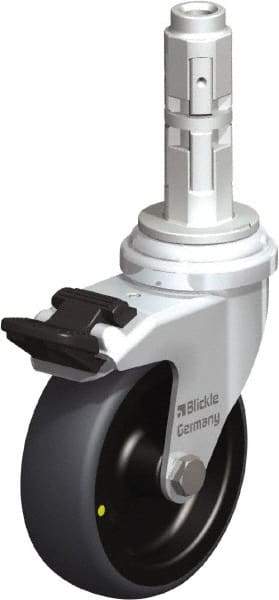 Blickle - 3" Diam x 63/64" Wide x 4" OAH Metal Expander Mount Swivel Caster with Brake - Rubber Elastomer (TPE), 110 Lb Capacity, Plain Bore Bearing, Metal Expander Stem - Benchmark Tooling