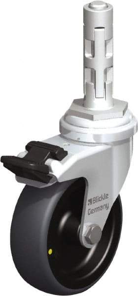 Blickle - 3" Diam x 63/64" Wide x 4" OAH Metal Expander Mount Swivel Caster with Brake - Rubber Elastomer (TPE), 110 Lb Capacity, Plain Bore Bearing, Metal Expander Stem - Benchmark Tooling