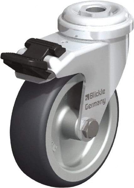 Blickle - 3" Diam x 63/64" Wide x 3-55/64" OAH Hollow Kingpin Mount Swivel Caster with Brake - Rubber Elastomer (TPE), 110 Lb Capacity, Plain Bore Bearing, Hollow Kingpin Stem - Benchmark Tooling
