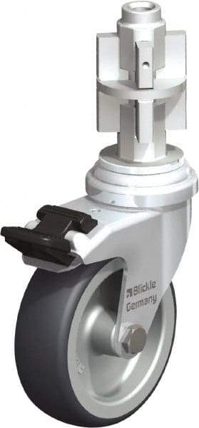 Blickle - 3" Diam x 63/64" Wide x 4" OAH Metal Expander Mount Swivel Caster with Brake - Rubber Elastomer (TPE), 165 Lb Capacity, Plain Bore Bearing, Metal Expander Stem - Benchmark Tooling
