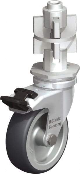 Blickle - 3" Diam x 63/64" Wide x 4" OAH Metal Expander Mount Swivel Caster with Brake - Rubber Elastomer (TPE), 165 Lb Capacity, Plain Bore Bearing, Metal Expander Stem - Benchmark Tooling