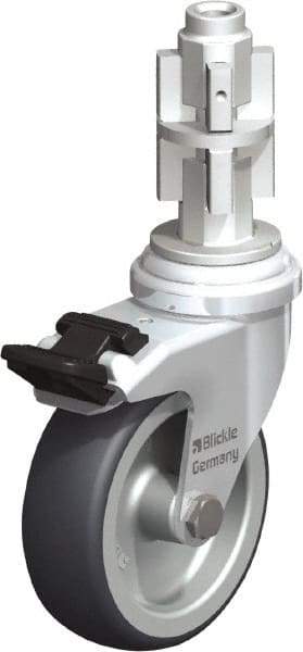 Blickle - 3" Diam x 63/64" Wide x 4" OAH Metal Expander Mount Swivel Caster with Brake - Rubber Elastomer (TPE), 165 Lb Capacity, Plain Bore Bearing, Metal Expander Stem - Benchmark Tooling