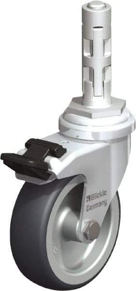 Blickle - 3" Diam x 63/64" Wide x 4" OAH Metal Expander Mount Swivel Caster with Brake - Rubber Elastomer (TPE), 165 Lb Capacity, Plain Bore Bearing, Metal Expander Stem - Benchmark Tooling