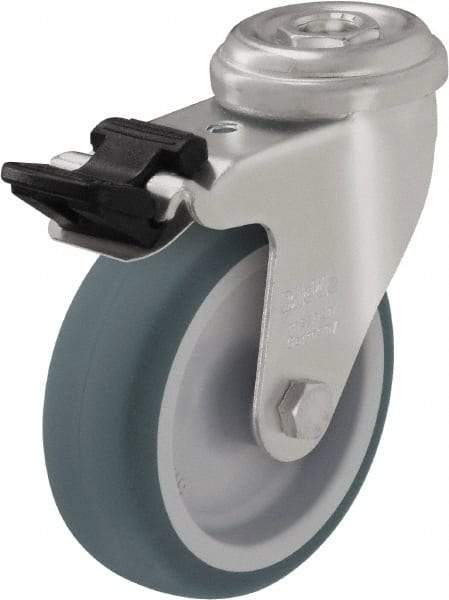 Blickle - 4" Diam x 63/64" Wide x 4-49/64" OAH Hollow Kingpin Mount Swivel Caster with Brake - Rubber Elastomer (TPE), 154 Lb Capacity, Plain Bore Bearing, Hollow Kingpin Stem - Benchmark Tooling