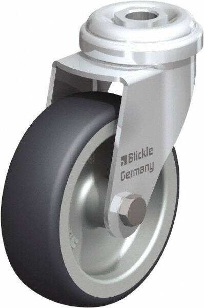 Blickle - 3" Diam x 63/64" Wide x 3-55/64" OAH Hollow Kingpin Mount Swivel Caster - Rubber Elastomer (TPE), 165 Lb Capacity, Plain Bore Bearing, Hollow Kingpin Stem - Benchmark Tooling