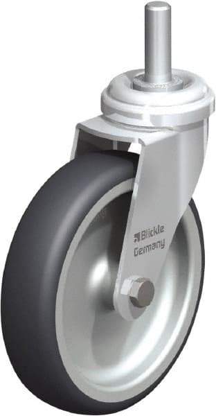 Blickle - 4" Diam x 63/64" Wide x 4-3/4" OAH Stem Mount Swivel Caster - Rubber Elastomer (TPE), 154 Lb Capacity, Plain Bore Bearing, 3/8 x 1-13/16" Threaded Stem - Benchmark Tooling