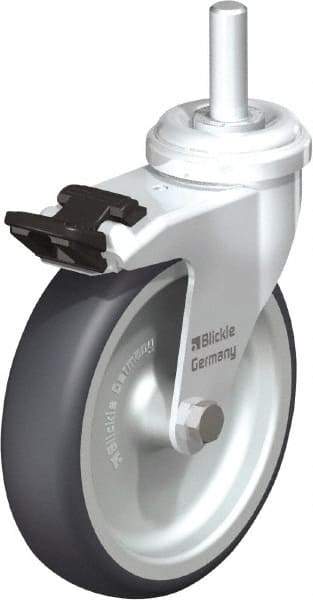 Blickle - 4" Diam x 63/64" Wide x 4-3/4" OAH Stem Mount Swivel Caster with Brake - Rubber Elastomer (TPE), 154 Lb Capacity, Plain Bore Bearing, 3/8" Threaded Stem - Benchmark Tooling