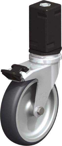 Blickle - 4" Diam x 63/64" Wide x 4-7/8" OAH Stem Mount Swivel Caster with Brake - Rubber Elastomer (TPE), 154 Lb Capacity, Plain Bore Bearing, Square Stem - Benchmark Tooling