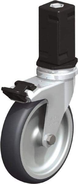 Blickle - 4" Diam x 63/64" Wide x 4-7/8" OAH Stem Mount Swivel Caster with Brake - Rubber Elastomer (TPE), 154 Lb Capacity, Plain Bore Bearing, Square Stem - Benchmark Tooling