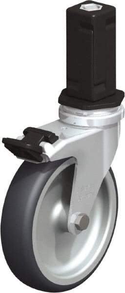 Blickle - 4" Diam x 63/64" Wide x 4-7/8" OAH Stem Mount Swivel Caster with Brake - Rubber Elastomer (TPE), 154 Lb Capacity, Plain Bore Bearing, Square Stem - Benchmark Tooling
