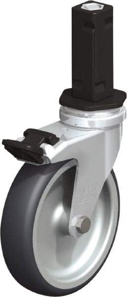 Blickle - 4" Diam x 63/64" Wide x 4-7/8" OAH Stem Mount Swivel Caster with Brake - Rubber Elastomer (TPE), 154 Lb Capacity, Plain Bore Bearing, Square Stem - Benchmark Tooling