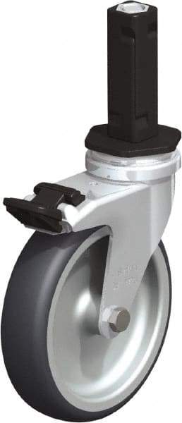 Blickle - 4" Diam x 63/64" Wide x 4-7/8" OAH Stem Mount Swivel Caster with Brake - Rubber Elastomer (TPE), 154 Lb Capacity, Plain Bore Bearing, Square Stem - Benchmark Tooling