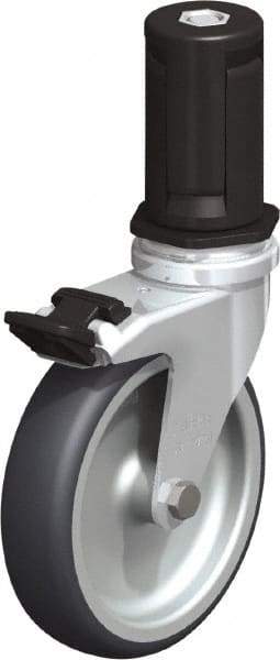 Blickle - 4" Diam x 63/64" Wide x 4-7/8" OAH Stem Mount Swivel Caster with Brake - Rubber Elastomer (TPE), 154 Lb Capacity, Plain Bore Bearing, Round Stem - Benchmark Tooling