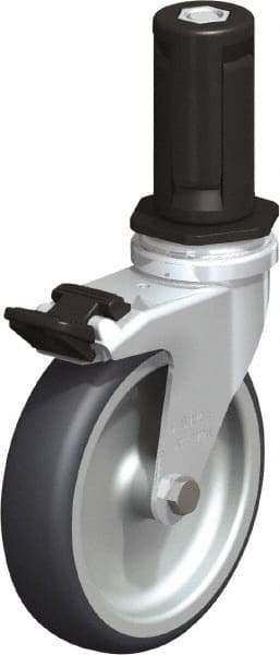 Blickle - 4" Diam x 63/64" Wide x 4-7/8" OAH Stem Mount Swivel Caster with Brake - Rubber Elastomer (TPE), 154 Lb Capacity, Plain Bore Bearing, Round Stem - Benchmark Tooling