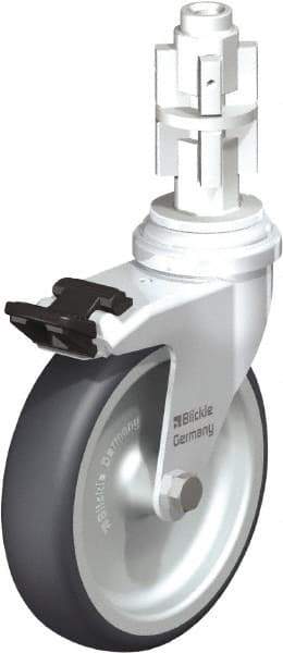 Blickle - 4" Diam x 63/64" Wide x 4-7/8" OAH Metal Expander Mount Swivel Caster with Brake - Rubber Elastomer (TPE), 154 Lb Capacity, Plain Bore Bearing, Metal Expander Stem - Benchmark Tooling