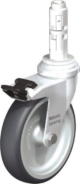 Blickle - 4" Diam x 63/64" Wide x 4-7/8" OAH Metal Expander Mount Swivel Caster with Brake - Rubber Elastomer (TPE), 154 Lb Capacity, Plain Bore Bearing, Metal Expander Stem - Benchmark Tooling