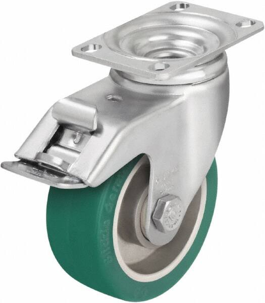 Blickle - 4" Diam x 1-9/16" Wide x 5-1/8" OAH Top Plate Mount Swivel Caster with Brake - Polyurethane-Elastomer Blickle Softhane, 400 Lb Capacity, Ball Bearing, 3-5/8 x 2-1/2" Plate - Benchmark Tooling