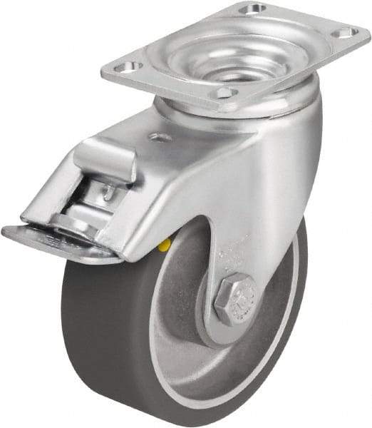 Blickle - 5" Diam x 1-9/16" Wide x 6-1/8" OAH Top Plate Mount Swivel Caster with Brake - Polyurethane-Elastomer Blickle Softhane, 400 Lb Capacity, Ball Bearing, 3-5/8 x 2-1/2" Plate - Benchmark Tooling